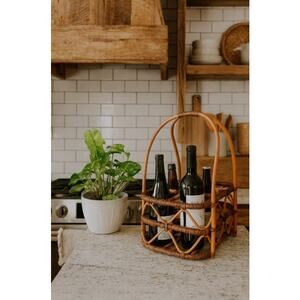 Vintage Woven Bamboo Bent Handle Basket Rustic Boho Farmhouse Decor 18”